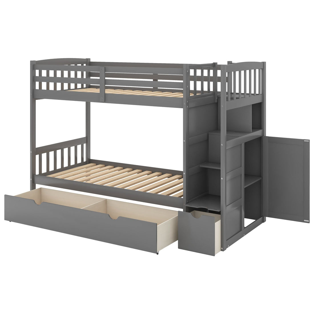 Flexible Twin Over Full/Twin Wood Bunk Bed with Storage Shelves and Drawers, Gray | Just Better Bunk Beds - View 9