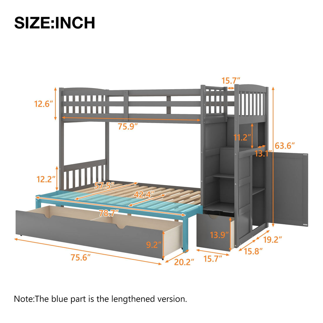 Flexible Twin Over Full/Twin Wood Bunk Bed with Storage Shelves and Drawers, Gray | Just Better Bunk Beds - View 19