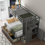 Flexible Twin Over Full/Twin Wood Bunk Bed with Storage Shelves and Drawers, Gray | Just Better Bunk Beds - Assembly View