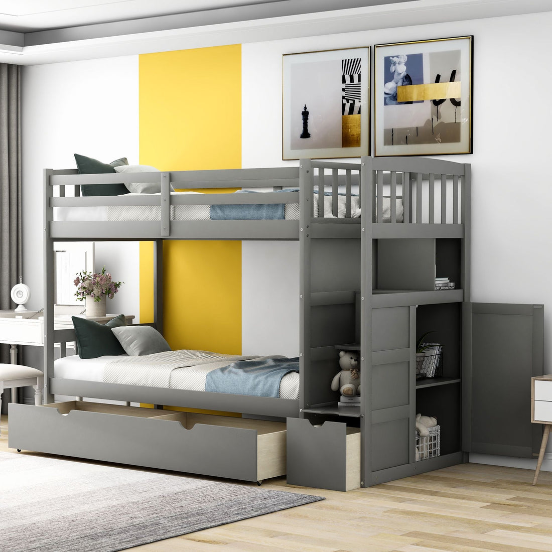 Flexible Twin Over Full/Twin Wood Bunk Bed with Storage Shelves and Drawers, Gray | Just Better Bunk Beds - View 7