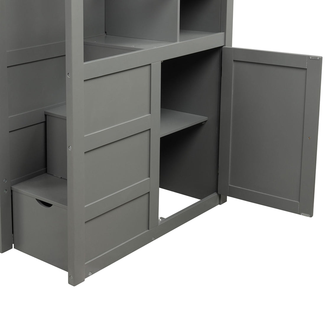 Flexible Twin Over Full/Twin Wood Bunk Bed with Storage Shelves and Drawers, Gray | Just Better Bunk Beds - View 12