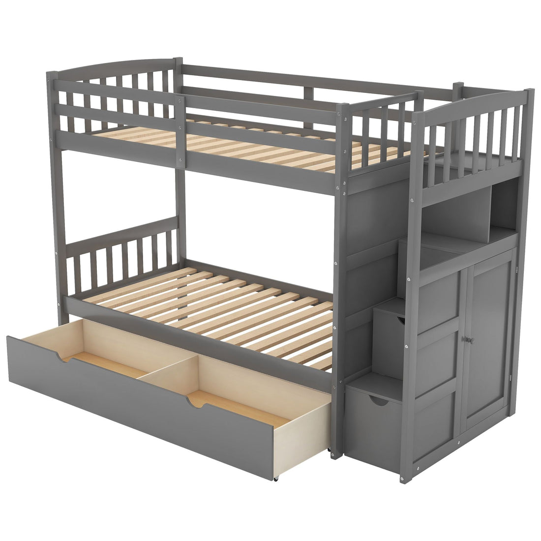 Flexible Twin Over Full/Twin Wood Bunk Bed with Storage Shelves and Drawers, Gray | Just Better Bunk Beds - View 16