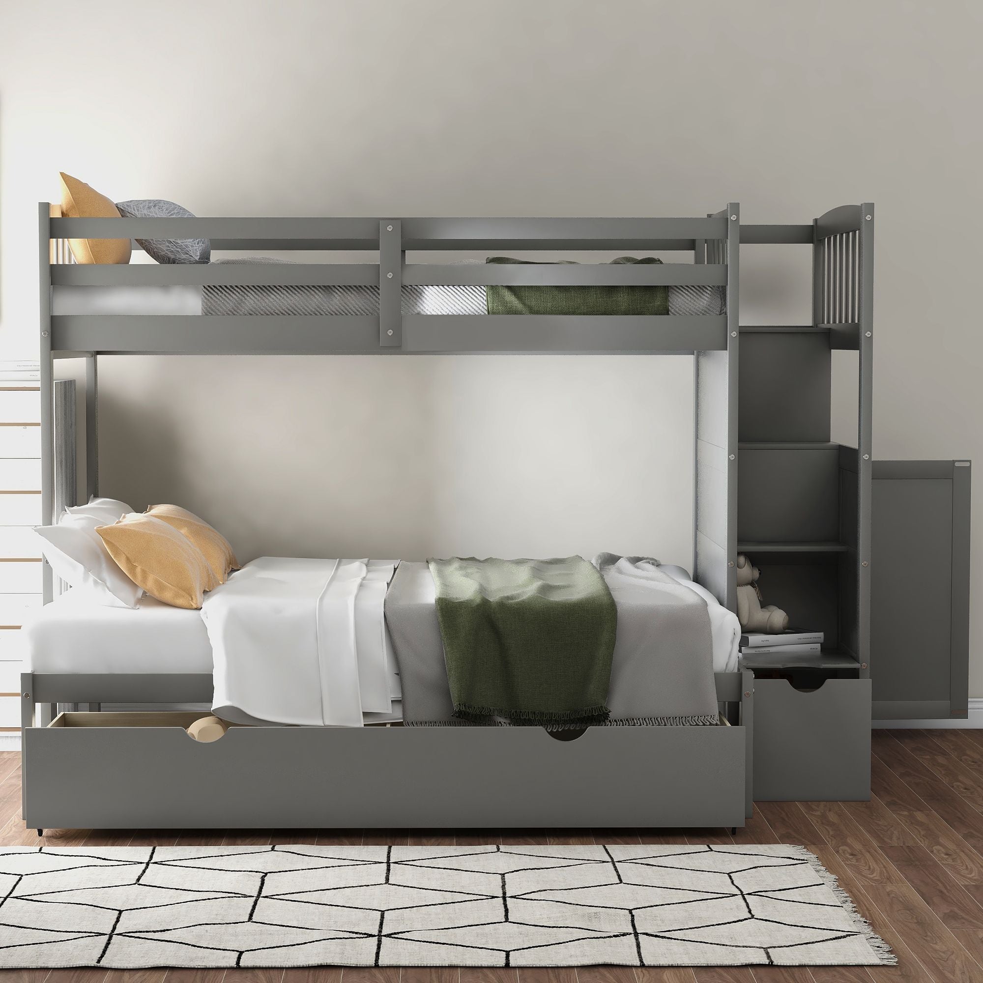 Flexible Twin Over Full/Twin Wood Bunk Bed with Storage Shelves and Drawers, Gray | Just Better Bunk Beds - Front View