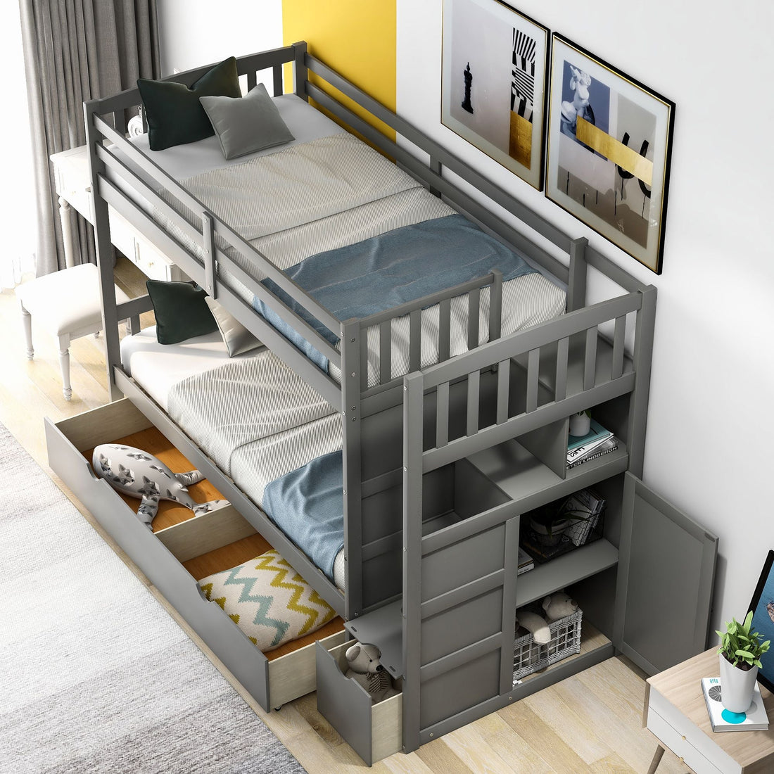 Flexible Twin Over Full/Twin Wood Bunk Bed with Storage Shelves and Drawers, Gray | Just Better Bunk Beds - View 11