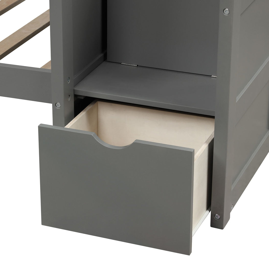 Flexible Twin Over Full/Twin Wood Bunk Bed with Storage Shelves and Drawers, Gray | Just Better Bunk Beds - View 10