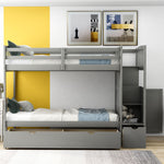 Flexible Twin Over Full/Twin Wood Bunk Bed with Storage Shelves and Drawers, Gray | Just Better Bunk Beds - Side View