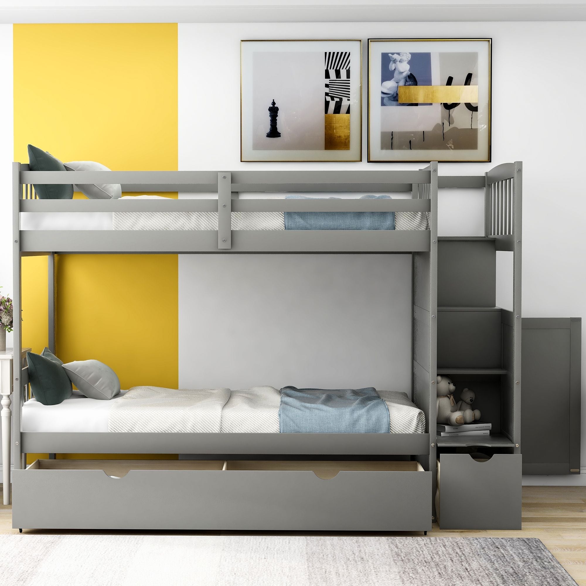 Flexible Twin Over Full/Twin Wood Bunk Bed with Storage Shelves and Drawers, Gray | Just Better Bunk Beds - Side View