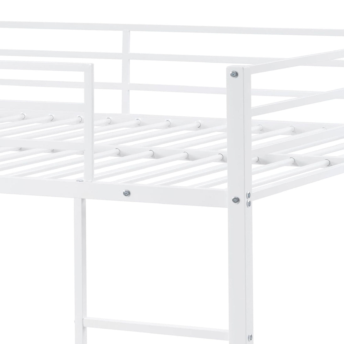 Full Over Full Metal Bunk Bed with Built-In Ladder and Safety Guard Rail in White | Just Better Bunk Beds - View 9
