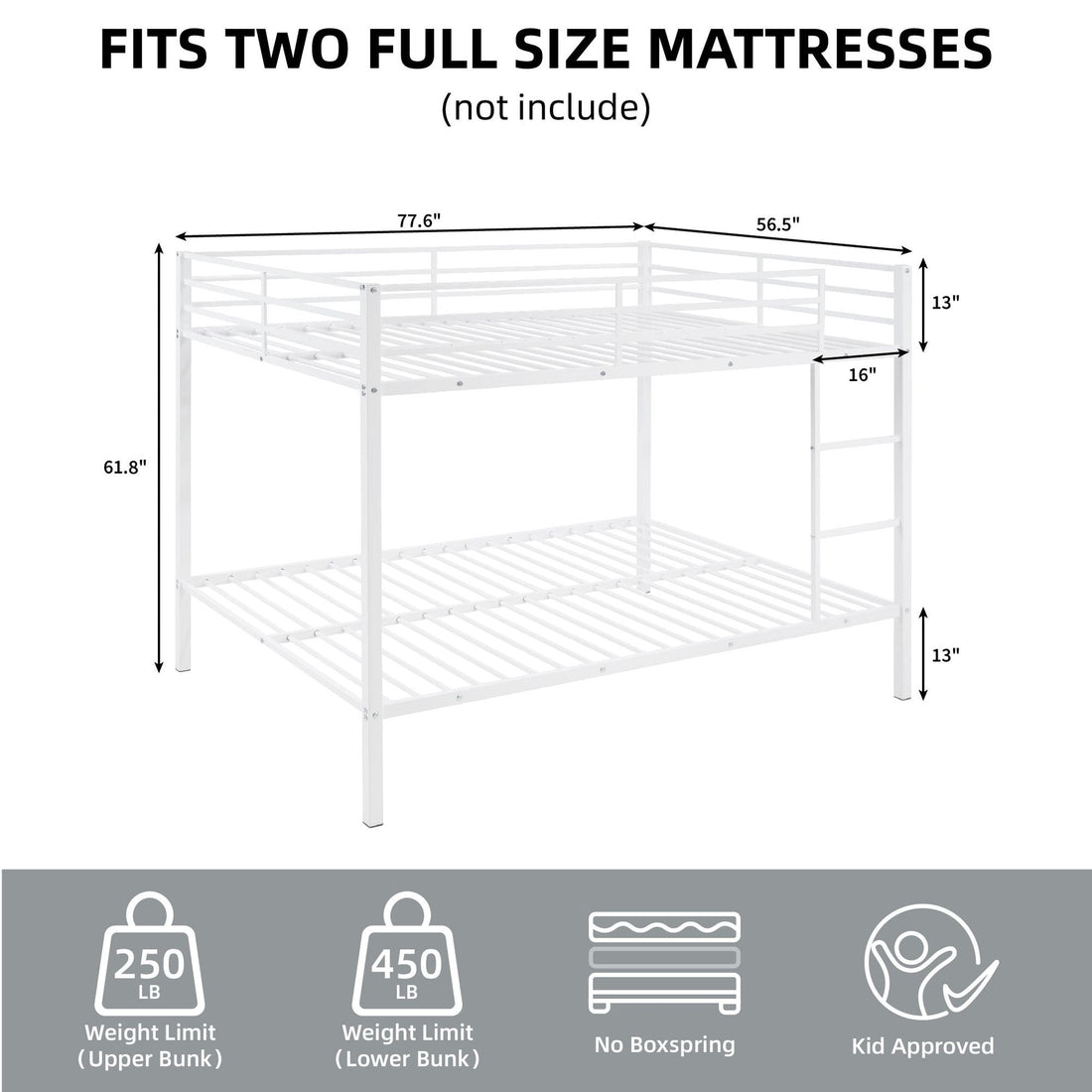 Full Over Full Metal Bunk Bed with Built-In Ladder and Safety Guard Rail in White | Just Better Bunk Beds - Assembly View