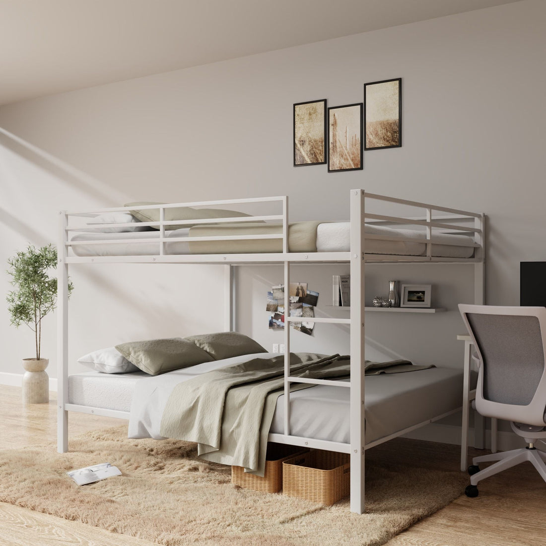 Full Over Full Metal Bunk Bed with Built-In Ladder and Safety Guard Rail in White | Just Better Bunk Beds - Front View