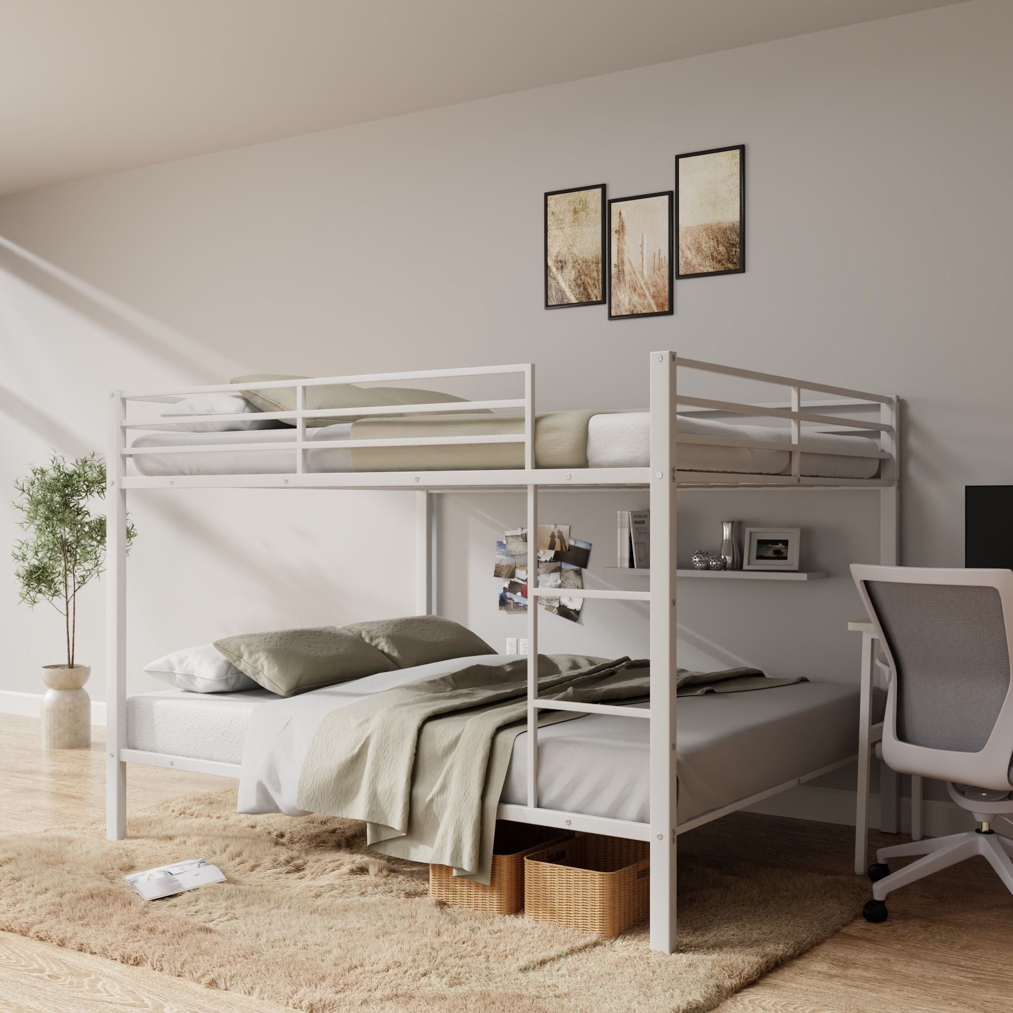 Full Over Full Metal Bunk Bed with Built-In Ladder and Safety Guard Rail in White | Just Better Bunk Beds - Front View