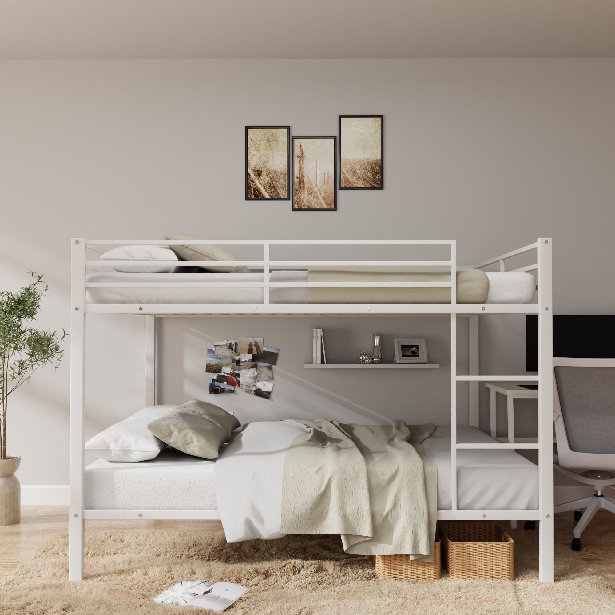 Full Over Full Metal Bunk Bed with Built-In Ladder and Safety Guard Rail in White | Just Better Bunk Beds - Side View