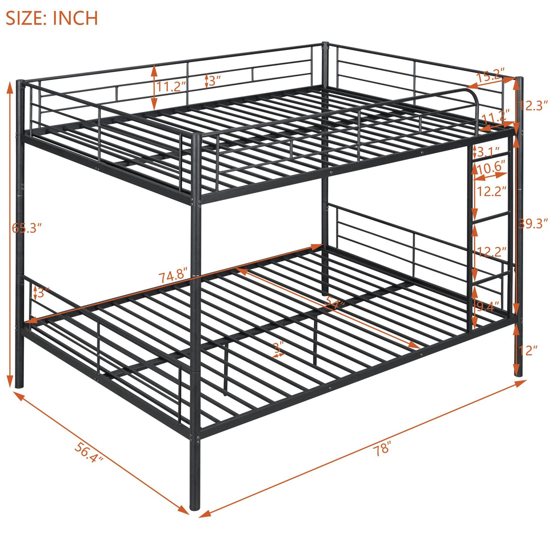 Full Over Full Metal Bunk Bed with Ladder, Durable Iron Frame in Black, White, or Silver | Just Better Bunk Beds - View 6