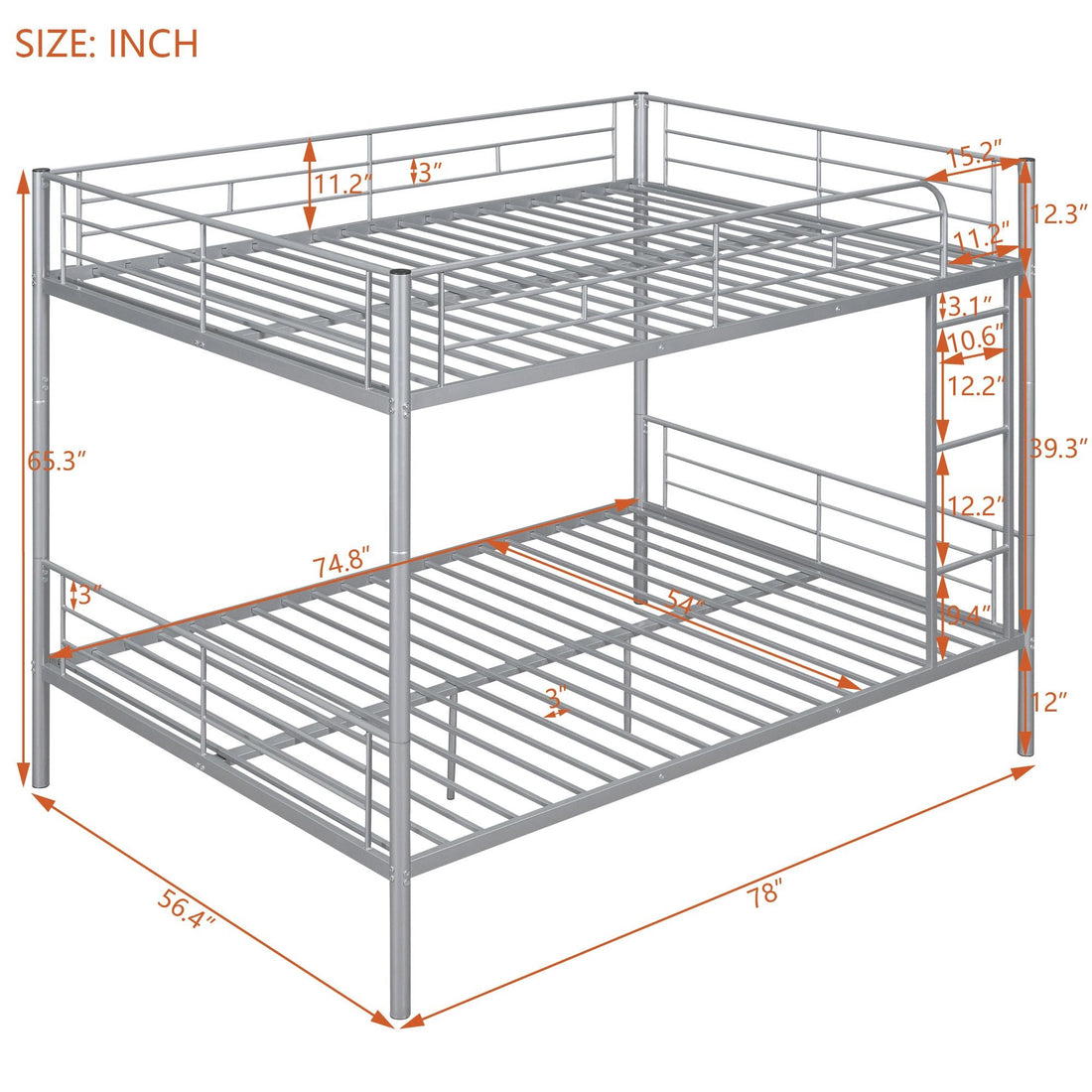 Full Over Full Metal Bunk Bed with Ladder, Durable Iron Frame in Black, White, or Silver | Just Better Bunk Beds - View 16