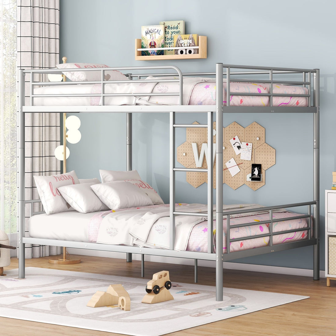 Full Over Full Metal Bunk Bed with Ladder, Durable Iron Frame in Black, White, or Silver | Just Better Bunk Beds - View 13