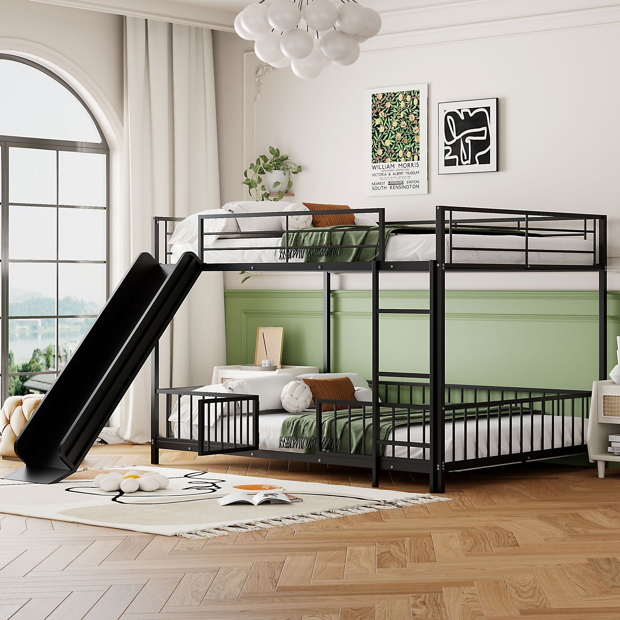 Full over Full Metal Bunk Bed with Slide and Guardrails in Black for Kids' Rooms | Just Better Bunk Beds - Front View