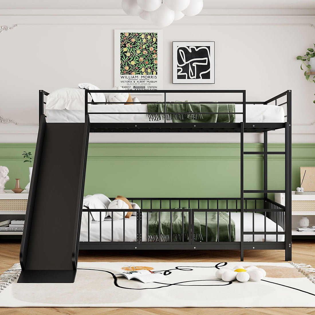 Full over Full Metal Bunk Bed with Slide and Guardrails in Black for Kids' Rooms | Just Better Bunk Beds - Side View