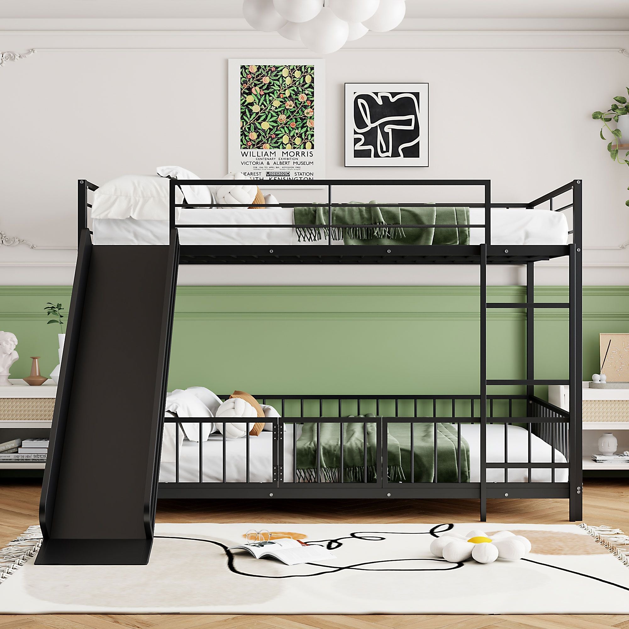 Full over Full Metal Bunk Bed with Slide and Guardrails in Black for Kids' Rooms | Just Better Bunk Beds - Side View