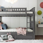 Full Over Full Pine Wood Bunk Bed with Twin Trundle, Guardrails, Brushed Gray | Just Better Bunk Beds - View 17