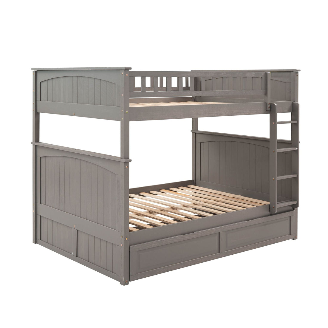 Full Over Full Pine Wood Bunk Bed with Twin Trundle, Guardrails, Brushed Gray | Just Better Bunk Beds - View 6