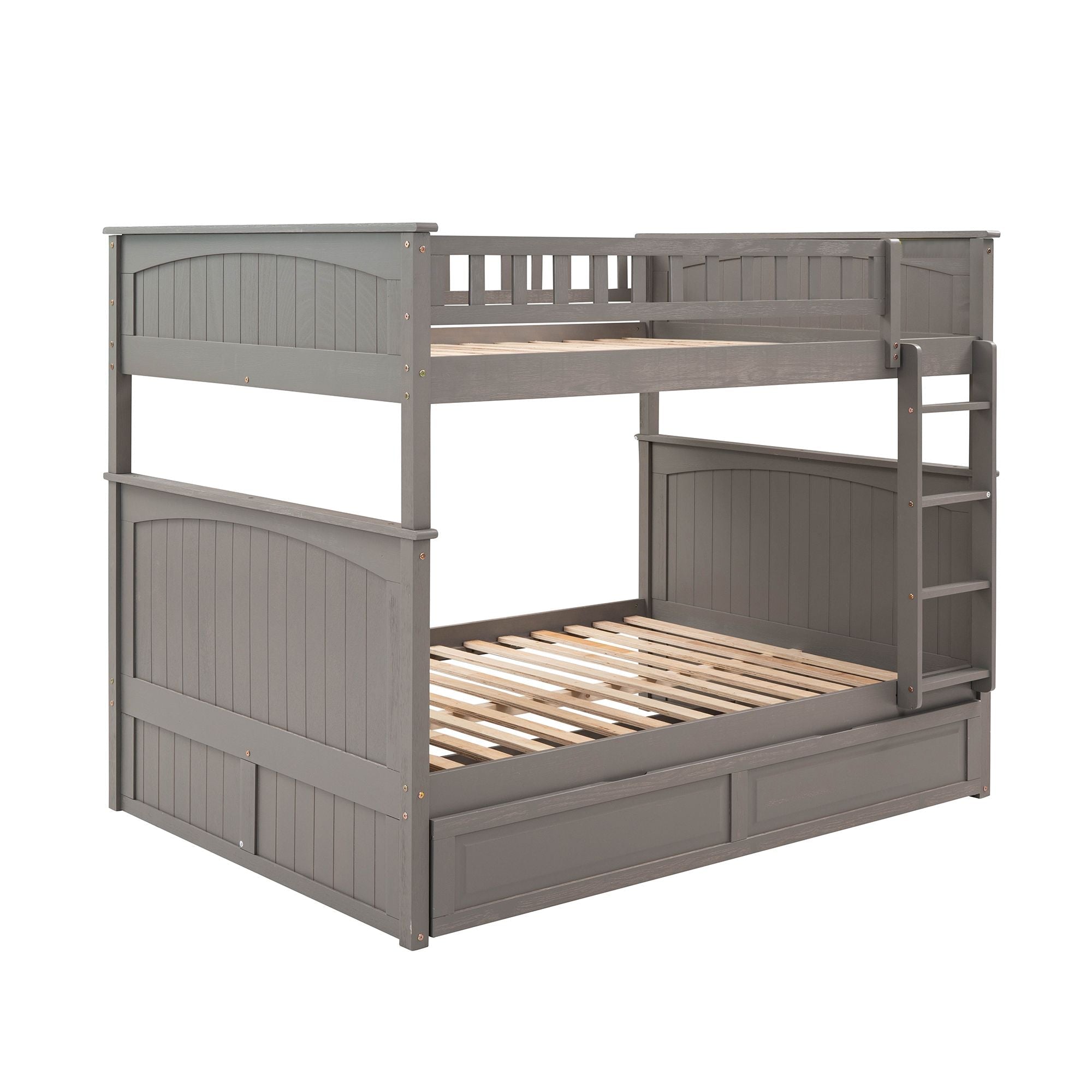 Full Over Full Pine Wood Bunk Bed with Twin Trundle, Guardrails, Brushed Gray | Just Better Bunk Beds - View 6