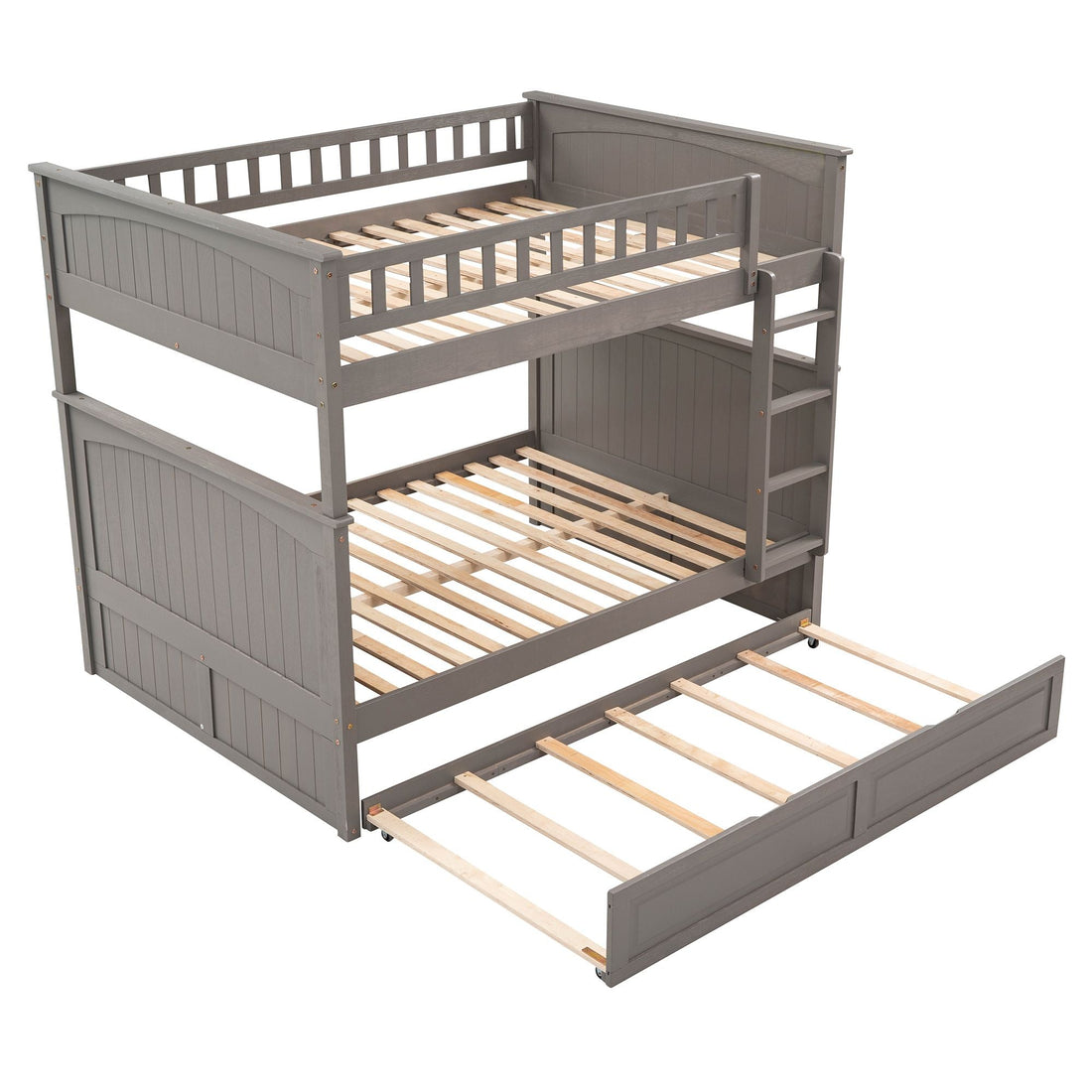 Full Over Full Pine Wood Bunk Bed with Twin Trundle, Guardrails, Brushed Gray | Just Better Bunk Beds - View 7