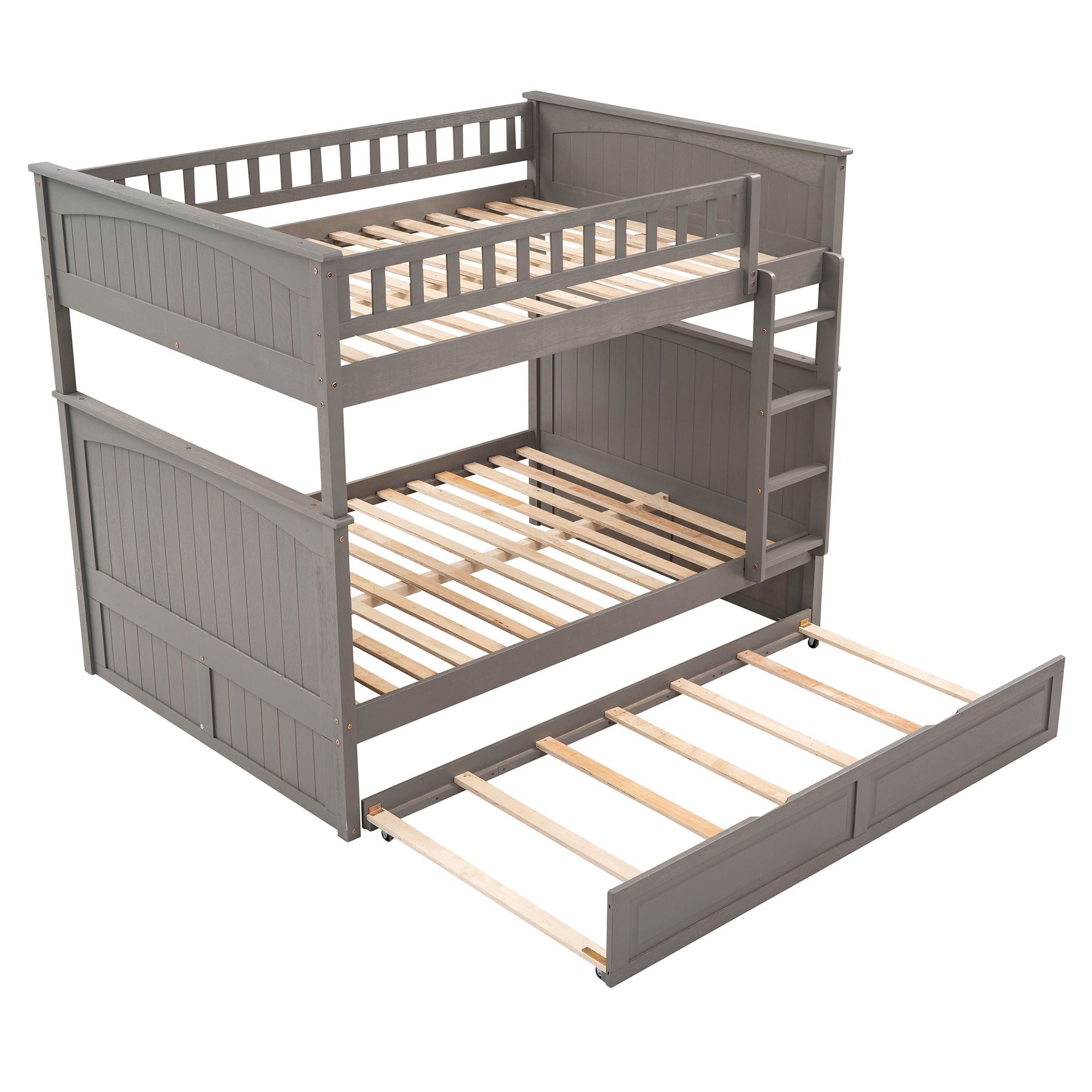 Full Over Full Pine Wood Bunk Bed with Twin Trundle, Guardrails, Brushed Gray | Just Better Bunk Beds - View 7