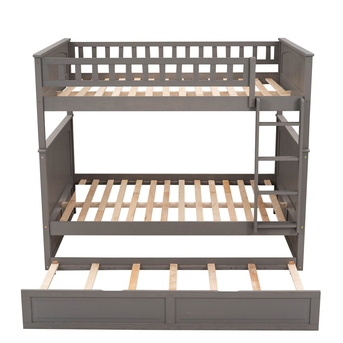 Full Over Full Pine Wood Bunk Bed with Twin Trundle, Guardrails, Brushed Gray | Just Better Bunk Beds - View 9