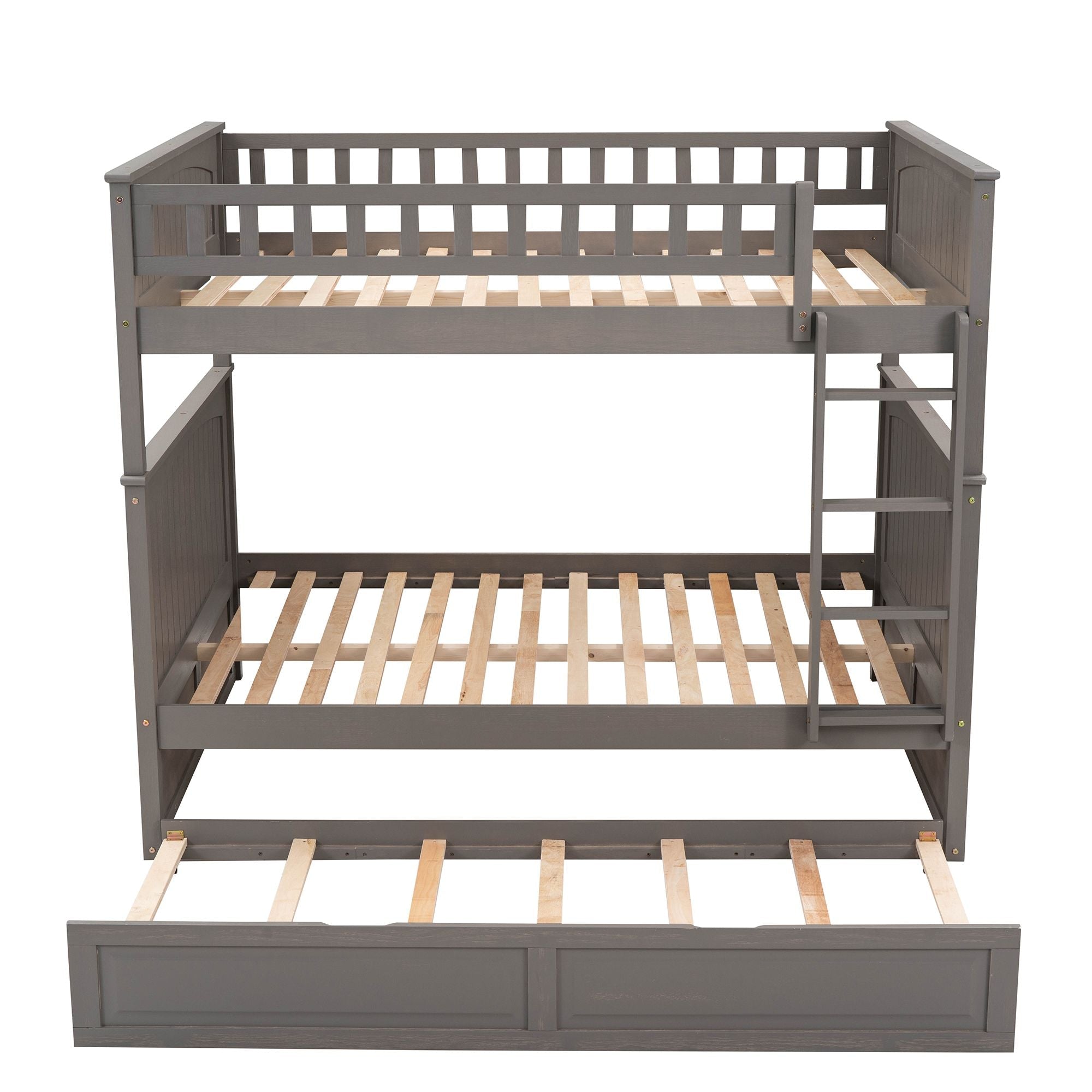 Full Over Full Pine Wood Bunk Bed with Twin Trundle, Guardrails, Brushed Gray | Just Better Bunk Beds - View 9