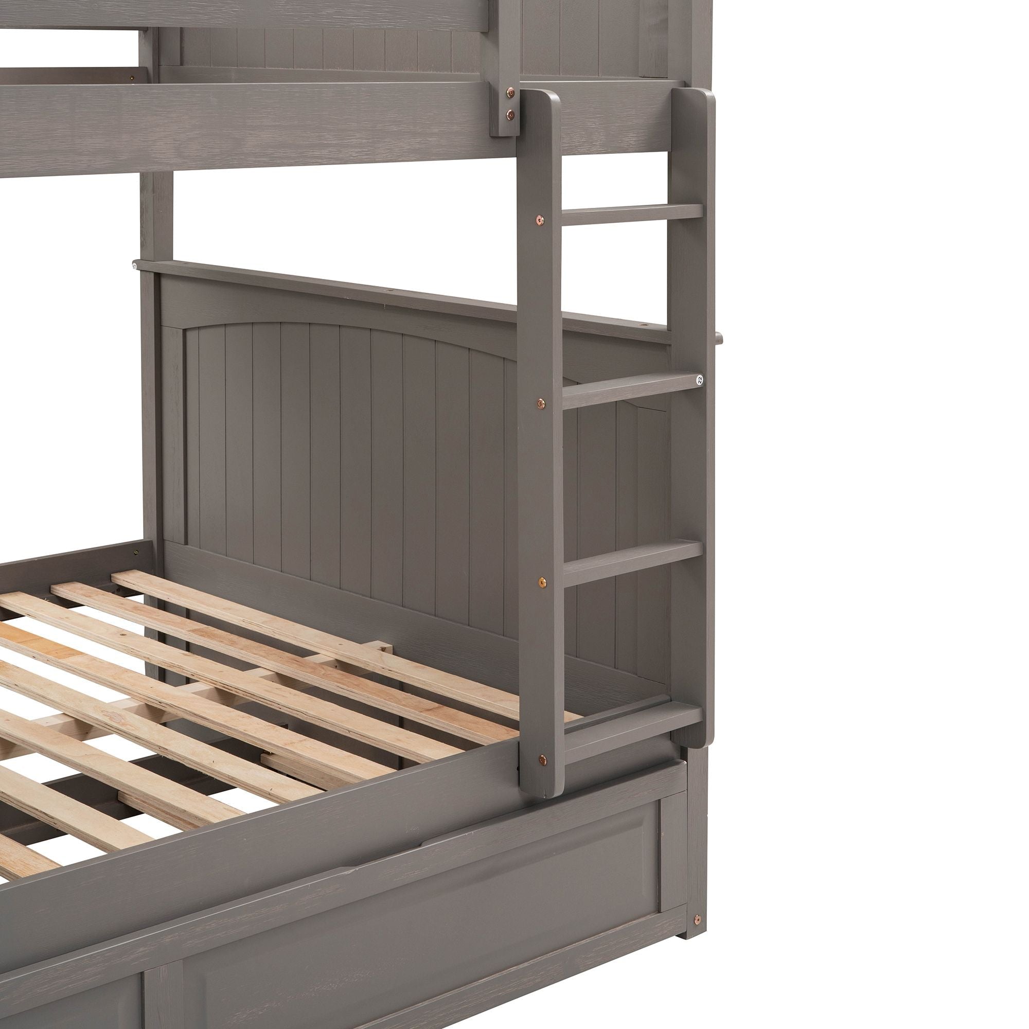 Full Over Full Pine Wood Bunk Bed with Twin Trundle, Guardrails, Brushed Gray | Just Better Bunk Beds - View 13