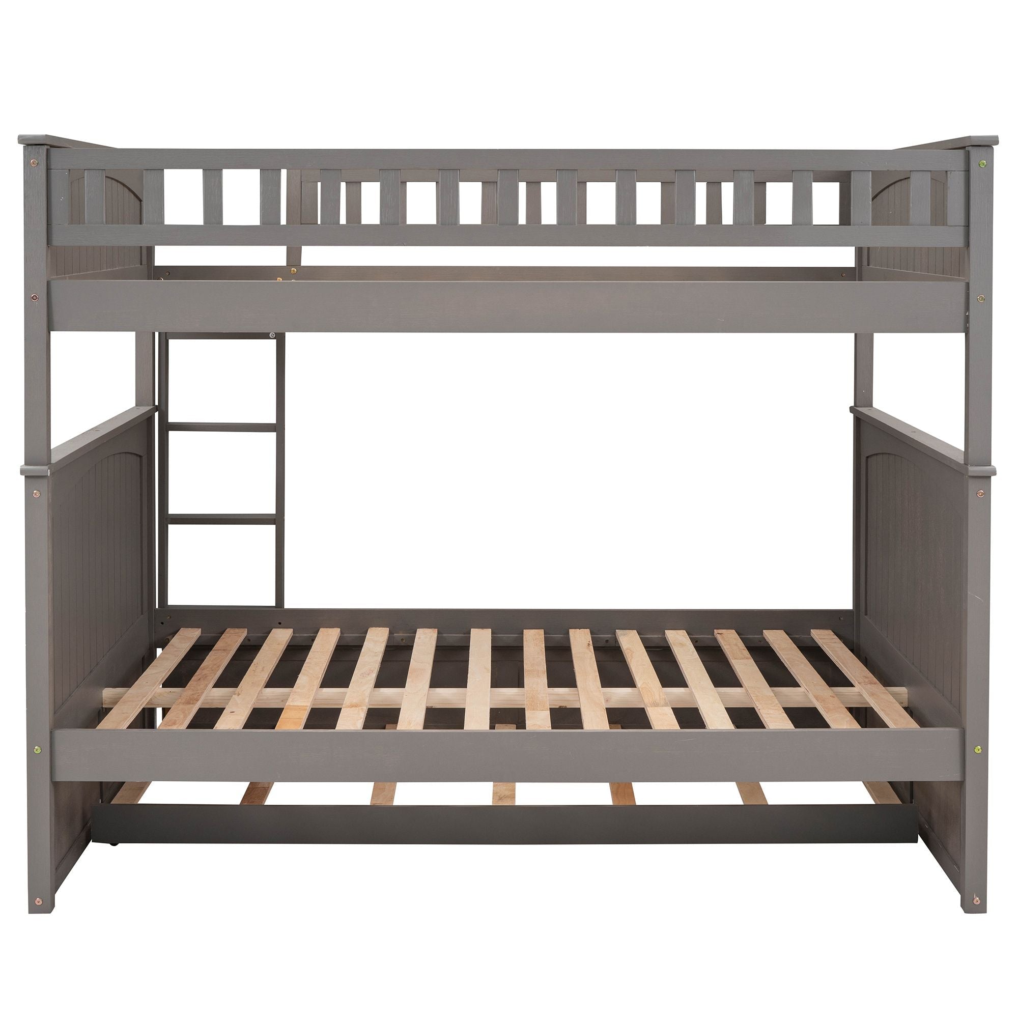 Full Over Full Pine Wood Bunk Bed with Twin Trundle, Guardrails, Brushed Gray | Just Better Bunk Beds - View 8