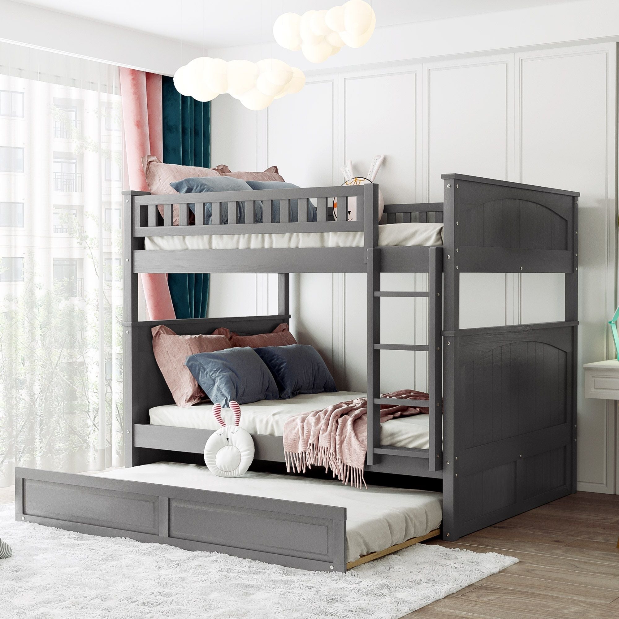 Full Over Full Pine Wood Bunk Bed with Twin Trundle, Guardrails, Brushed Gray | Just Better Bunk Beds - Front View