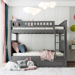 Full Over Full Pine Wood Bunk Bed with Twin Trundle, Guardrails, Brushed Gray | Just Better Bunk Beds - Side View