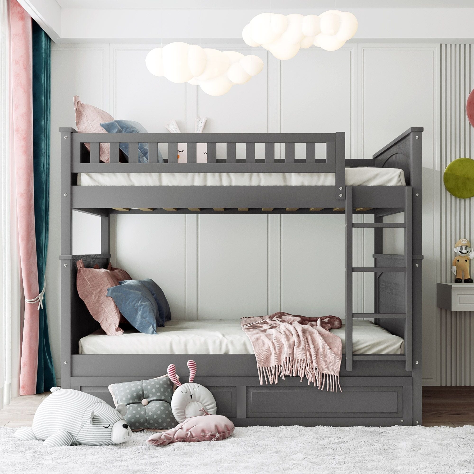 Full Over Full Pine Wood Bunk Bed with Twin Trundle, Guardrails, Brushed Gray | Just Better Bunk Beds - Side View