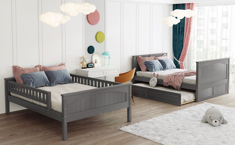 Full Over Full Pine Wood Bunk Bed with Twin Trundle, Guardrails, Brushed Gray | Just Better Bunk Beds - View 18
