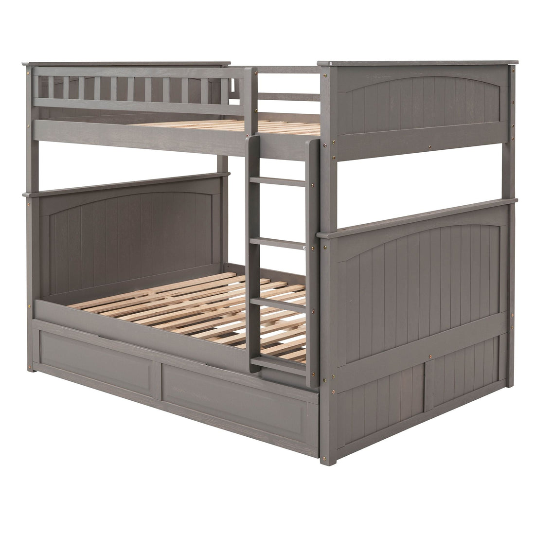 Full Over Full Pine Wood Bunk Bed with Twin Trundle, Guardrails, Brushed Gray | Just Better Bunk Beds - Assembly View