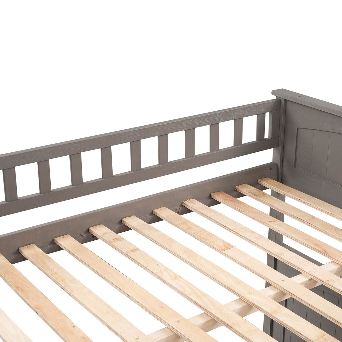 Full Over Full Pine Wood Bunk Bed with Twin Trundle, Guardrails, Brushed Gray | Just Better Bunk Beds - View 16