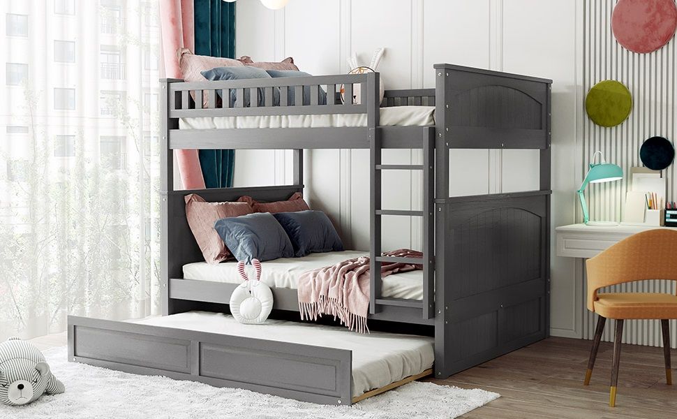 Full Over Full Pine Wood Bunk Bed with Twin Trundle, Guardrails, Brushed Gray | Just Better Bunk Beds - View 19