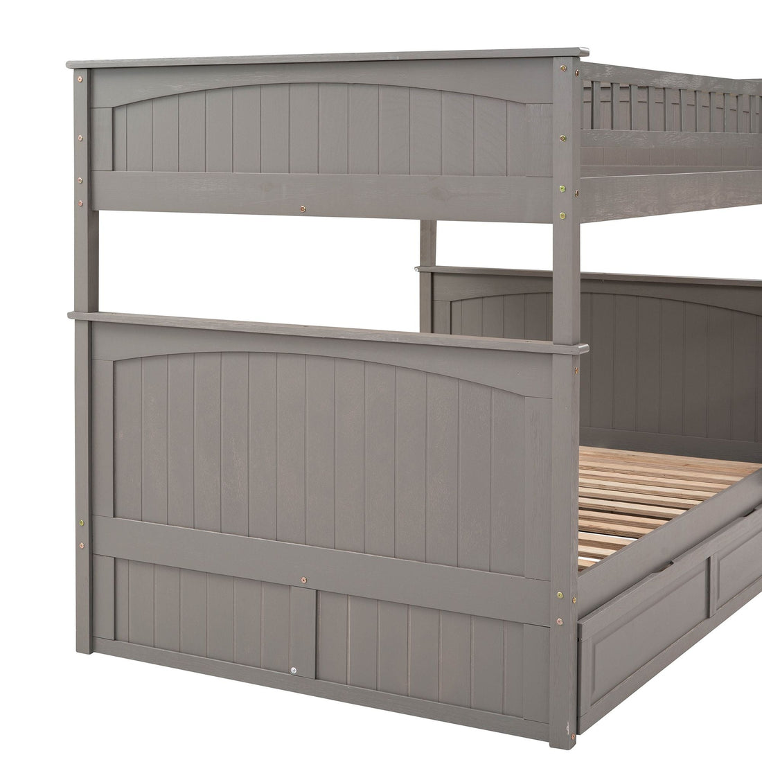 Full Over Full Pine Wood Bunk Bed with Twin Trundle, Guardrails, Brushed Gray | Just Better Bunk Beds - View 15
