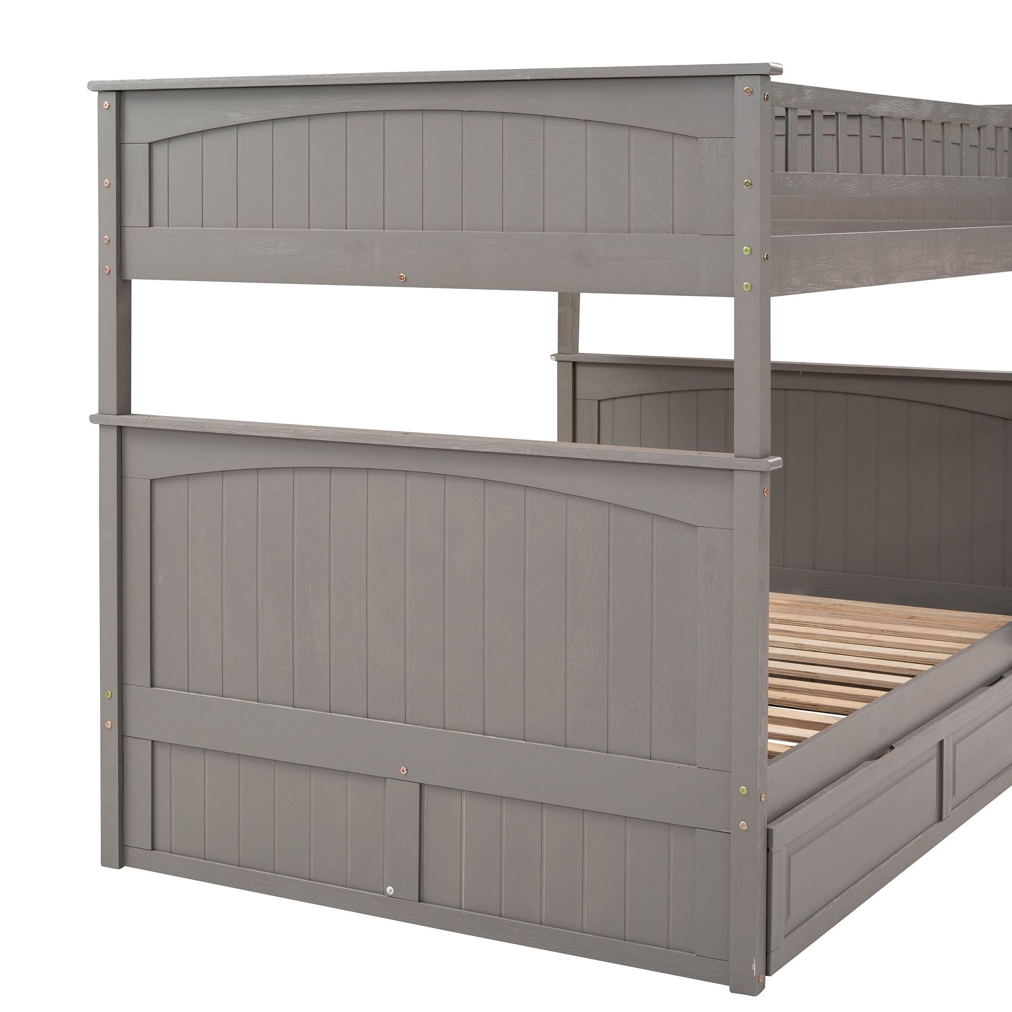 Full Over Full Pine Wood Bunk Bed with Twin Trundle, Guardrails, Brushed Gray | Just Better Bunk Beds - View 15