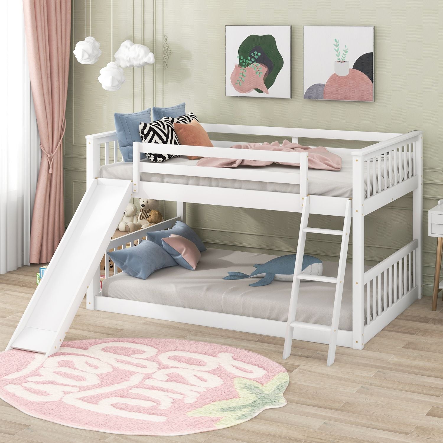 Full Over Full Wood Bunk Bed with Convertible Slide and Ladder, White, Pine & MDF | Just Better Bunk Beds - Front View