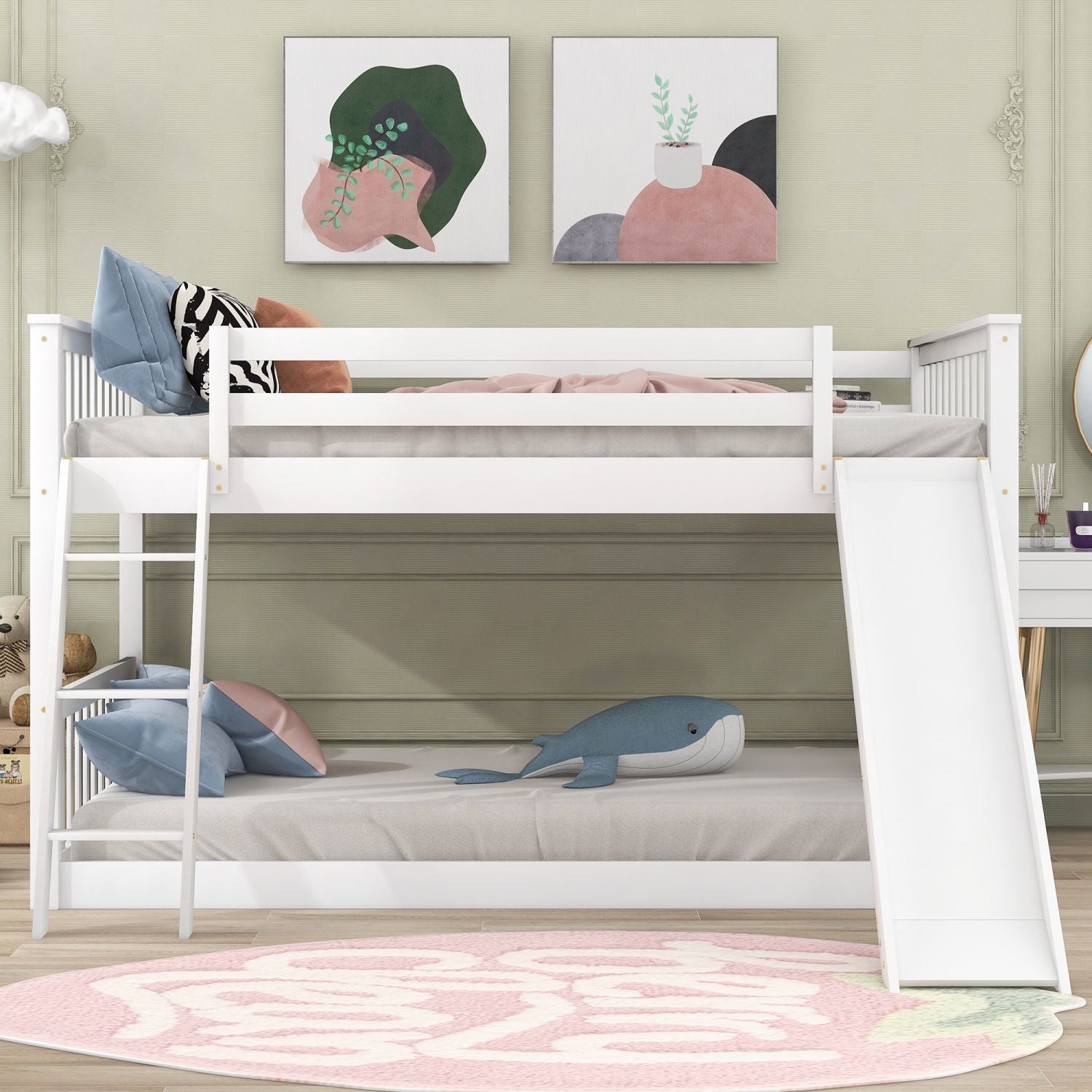 Full Over Full Wood Bunk Bed with Convertible Slide and Ladder, White, Pine & MDF | Just Better Bunk Beds - Side View