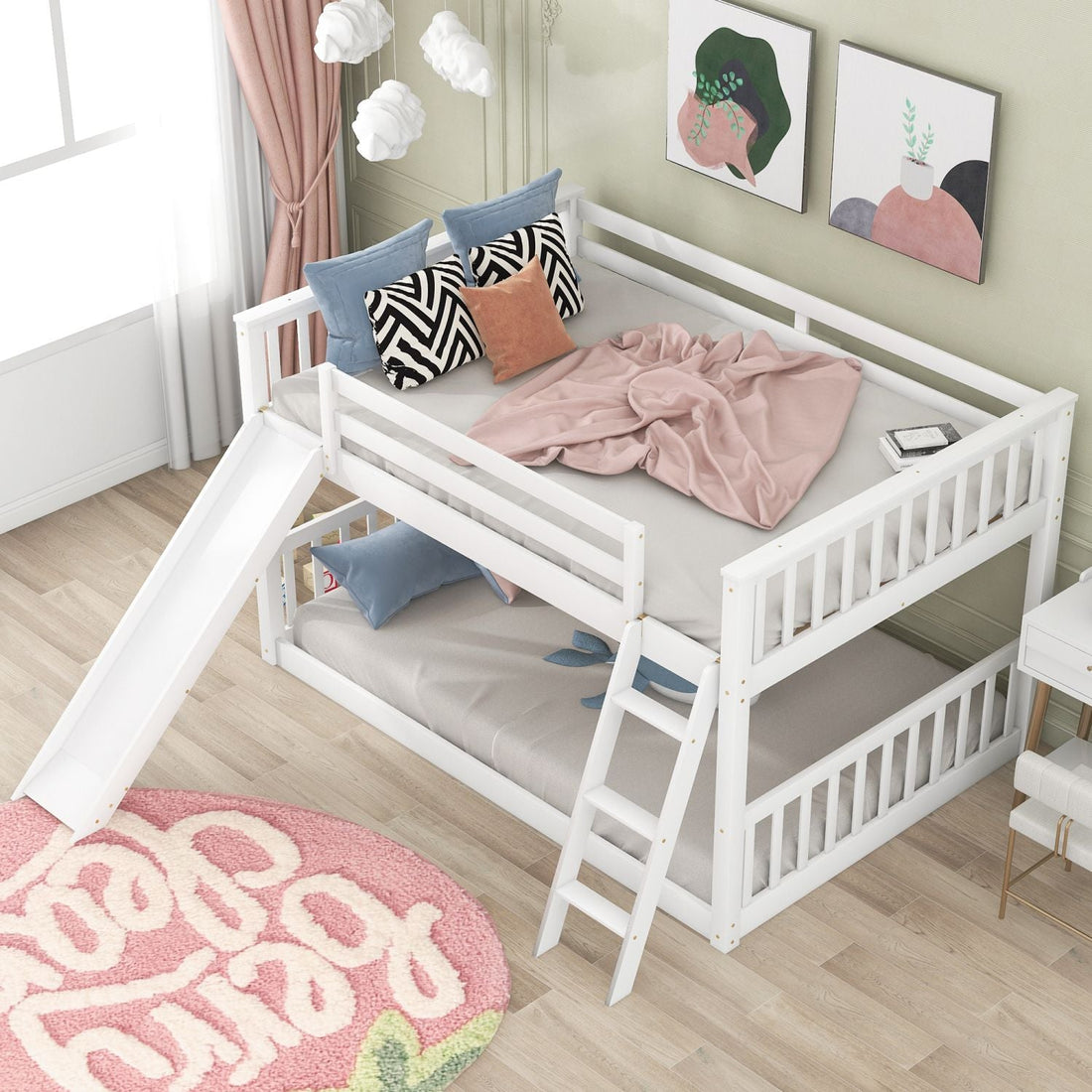 Full Over Full Wood Bunk Bed with Convertible Slide and Ladder, White, Pine & MDF | Just Better Bunk Beds - Detail View