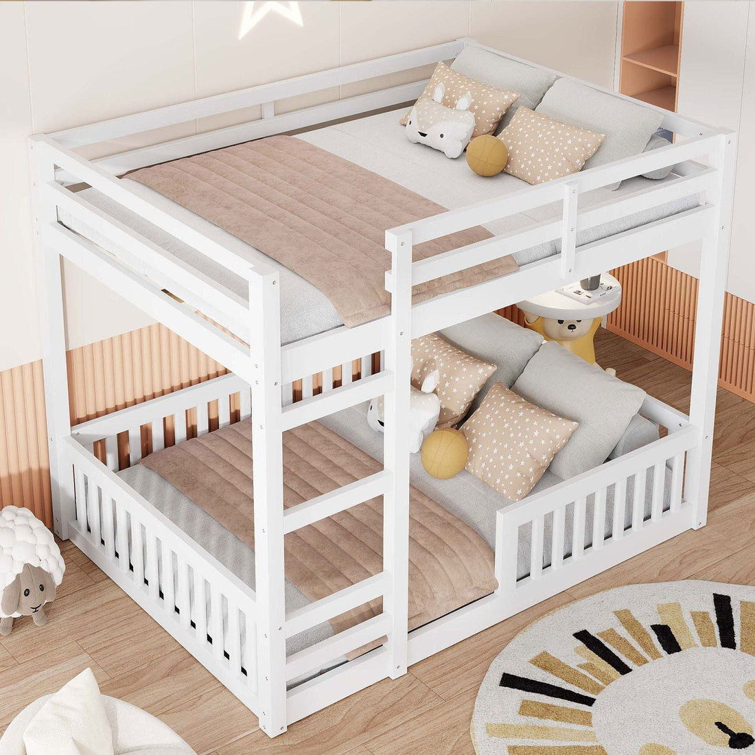 Full Over Full Wood Bunk Bed with Ladder and Guardrails, White Finish | Just Better Bunk Beds - Detail View