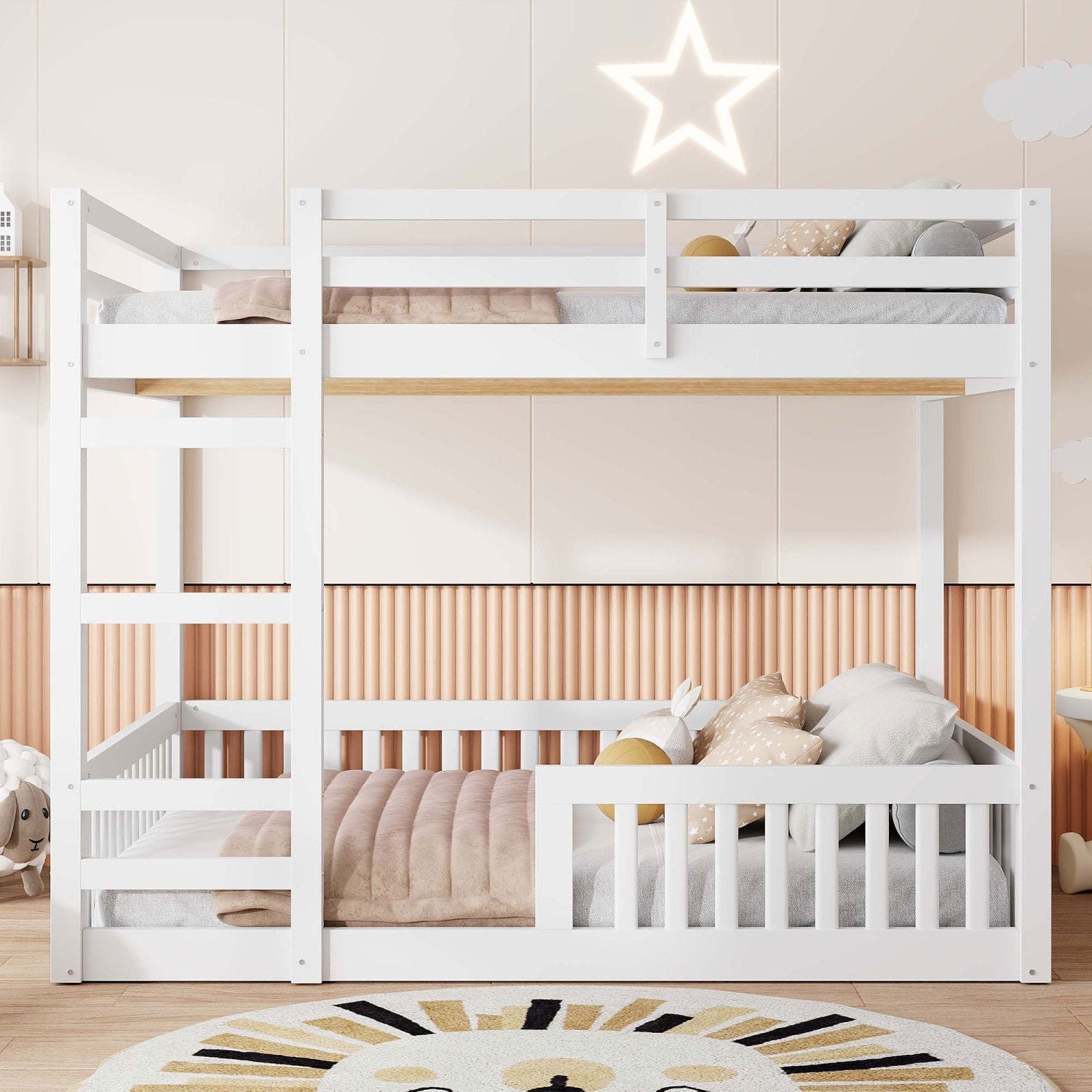 Full Over Full Wood Bunk Bed with Ladder and Guardrails, White Finish | Just Better Bunk Beds - Side View