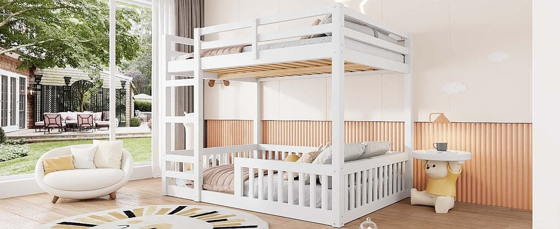 Full Over Full Wood Bunk Bed with Ladder and Guardrails, White Finish | Just Better Bunk Beds - View 9