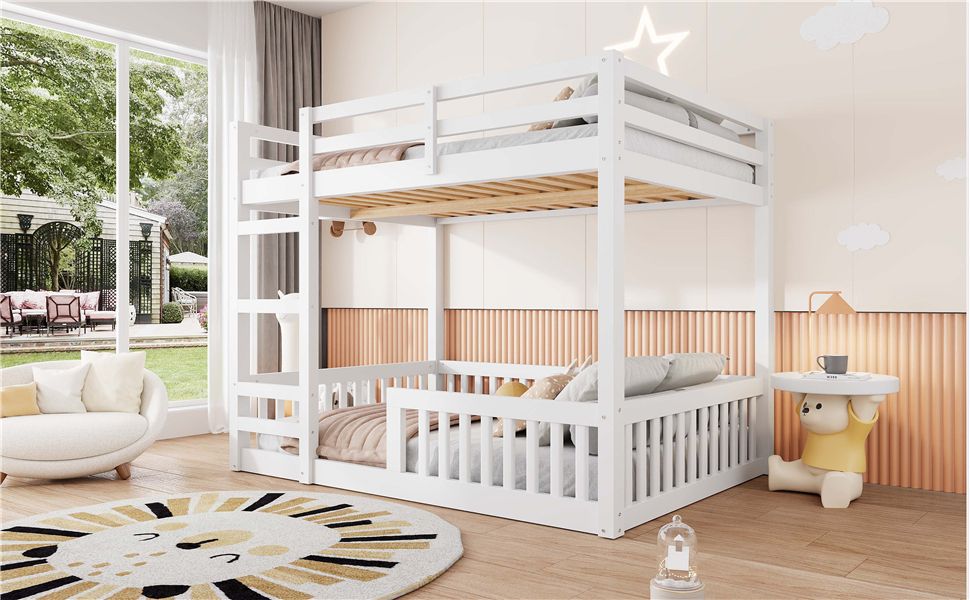 Full Over Full Wood Bunk Bed with Ladder and Guardrails, White Finish | Just Better Bunk Beds - View 5