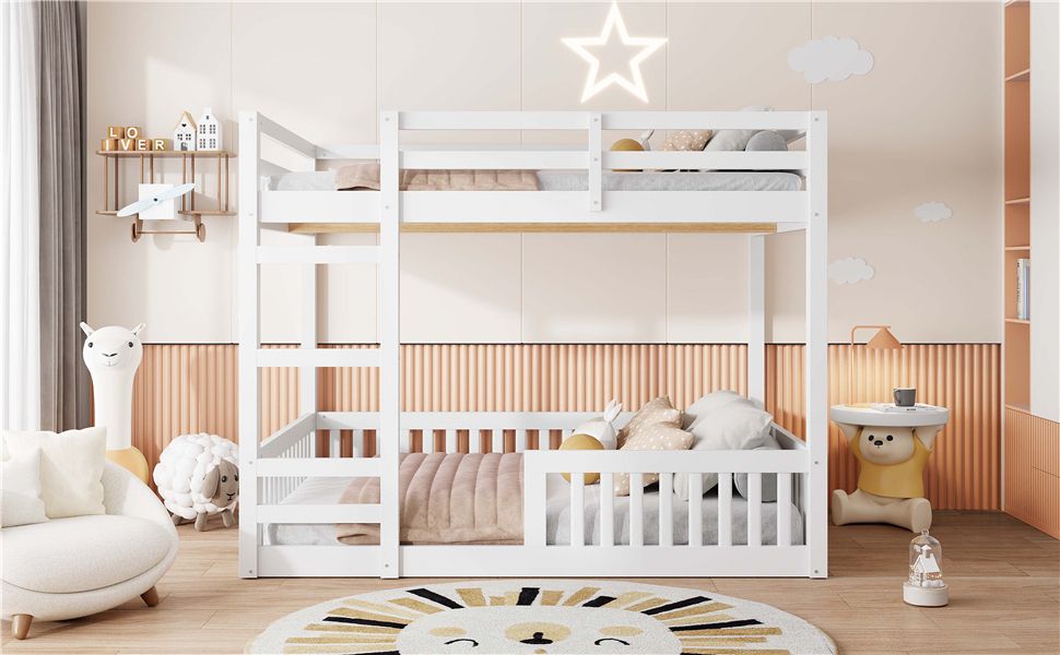 Full Over Full Wood Bunk Bed with Ladder and Guardrails, White Finish | Just Better Bunk Beds - View 6
