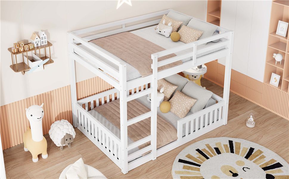 Full Over Full Wood Bunk Bed with Ladder and Guardrails, White Finish | Just Better Bunk Beds - Assembly View