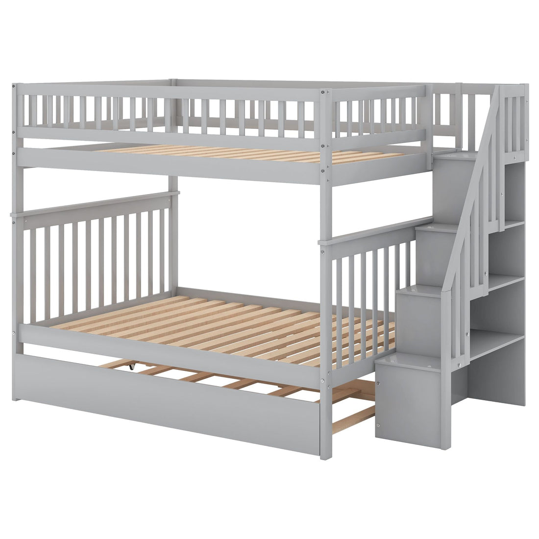 Full Over Full Wood Bunk Bed with Staircase Storage and Trundle in Gray for Kids Shared Rooms | Just Better Bunk Beds - View 7